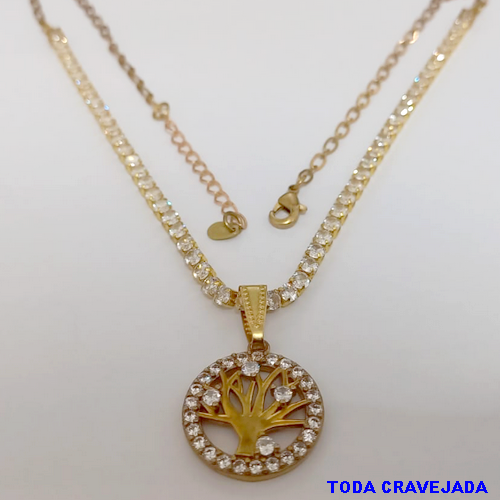 GARGANTILHA NO BRUTO PRONTO PARA O BANHO (COM PINGENTE TODO CRAVEJADO )(CX154)- TAMANHO 45CM+EXTENSOR - LARGURA 3MM - 60% LATÃO 40% ZIRCONIA - BRU24374