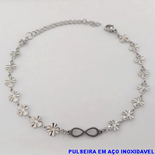 PULSEIRA EM AÇO INOXIDAVEL (CX154)- COM CORRENTE DE TREVO COM UM INFINITO NO MEIO)(TAMANHO 18CM+EXTENSOR - COM FECHO ALGOSTA - AÇO0314