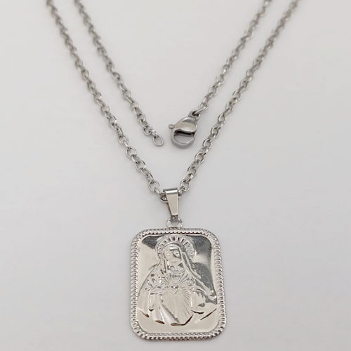 GARGANTILHA EM AÇO INOXIDAVEL(CX154) COM *(CORRENTE CADEADO DE 5OCM)*(C3.1073A1 )COM FECHO LAGOSTA-(PLACA 2X1,5CM - PLACA CORAÇÃO MARIA .(- AÇO0318