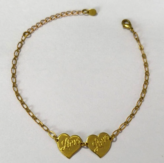 PULSEIRA NO BRUTO PRONTO PARA O BANHO(PESO 1.8GR (100% LATÃO)(5780) COM FECHO LAGOSTA-TAMANHO 18CM+ESTENSOR( Coração Love 12mm C/2")BRU24454
