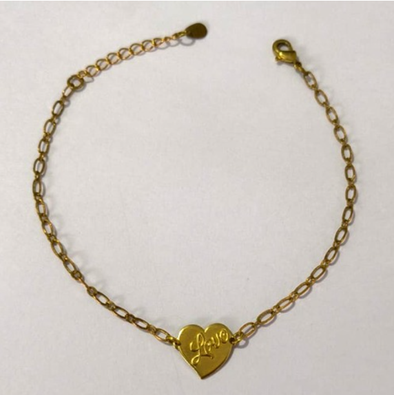 PULSEIRA NO BRUTO PRONTO PARA O BANHO(PESO 1.8GR (100% LATÃO)(5780) COM FECHO LAGOSTA-TAMANHO 18CM+ESTENSOR( Coração Love 12mm ")BRU24455