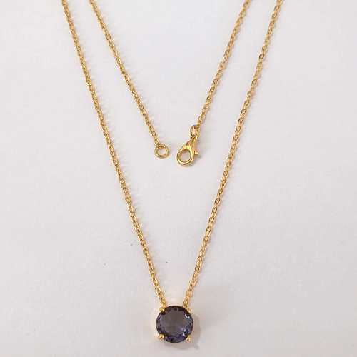 GARGANTILHA FOLHEADA A OURO - BANHADO COM 5 MILÉSIMOS + VERNIZ DIAMOND - CORRENTE CADEADO 45CM E PINGENTE EM ZIRCÔNIA REDONA LILÁS 10MM - OURO1171