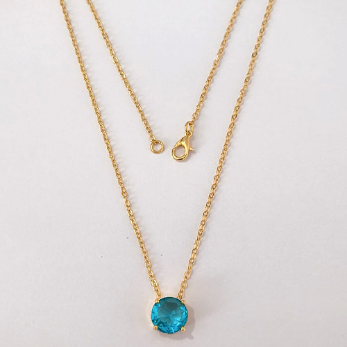 GARGANTILHA FOLHEADA A OURO - BANHADO COM 5 MILÉSIMOS + VERNIZ DIAMOND - CORRENTE CADEADO 45CM E PINGENTE EM ZIRCÔNIA REDONA AZUL CLARO 10MM - OURO1172