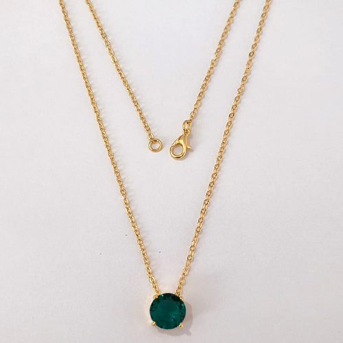 GARGANTILHA FOLHEADA A OURO - BANHADO COM 5 MILÉSIMOS + VERNIZ DIAMOND - CORRENTE CADEADO 45CM E PINGENTE EM ZIRCÔNIA REDONDA AZUL ESCURO 10MM - OURO1176