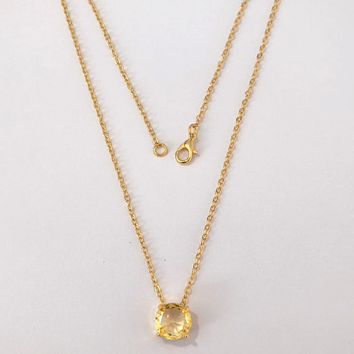 GARGANTILHA FOLHEADA A OURO - BANHADO COM 5 MILÉSIMOS + VERNIZ DIAMOND - CORRENTE CADEADO 45CM E PINGENTE EM ZIRCÔNIA REDONDA AMARELA 10MM - OURO1177