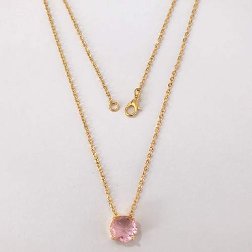 GARGANTILHA FOLHEADA A OURO - BANHADO COM 5 MILÉSIMOS + VERNIZ DIAMOND - CORRENTE CADEADO 45CM E PINGENTE EM ZIRCÔNIA REDONDA ROSA 10MM - OURO1250