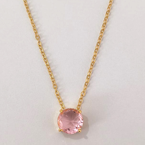 GARGANTILHA FOLHEADA A OURO - BANHADO COM 5 MILÉSIMOS + VERNIZ DIAMOND - CORRENTE CADEADO 45CM E PINGENTE EM ZIRCÔNIA REDONDA SALMÃO 10MM - OURO1246