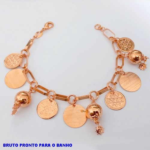 PULSEIRA NO BRUTO PRONTO PARA O BANHO(CX157) PULSEIRA COM CORRENTE ESPECIAL E BADULAQUES ( PESO 13,02GR (BRU24607