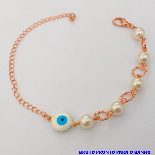 PULSEIRA NO BRUTO PRONTO PARA O BANHO(CX157) PULSEIRA COM CORRENTE PEROLA E OLHO GREGO ( PESO 3.2GR (BRU24610