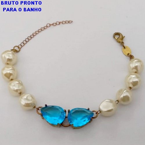 PULSEIRA NO BRUTO PRONTO PARA O BANHO(CX158)- PULSEIRA DE PEROLA BARROCA DE 10MM COM DUAS ZIRCONIA 10X14 COM FECHO LAGOSTA DE 18CM- PESO TOTAL 8.2GR - BRU24638