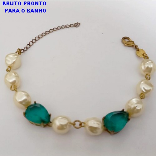 PULSEIRA NO BRUTO PRONTO PARA O BANHO(CX158)- PULSEIRA DE PEROLA BARROCA DE 10MM COM DUAS ZIRCONIA 10X14 COM FECHO LAGOSTA DE 18CM- PESO TOTAL 8.2GR - BRU24639