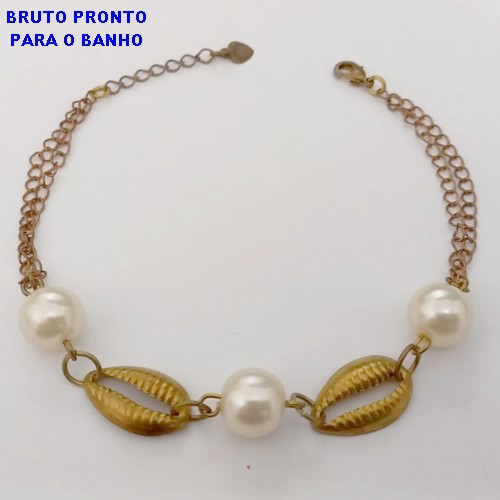PULSEIRA NO BRUTO PRONTO PARA O BANHO(CX158)- PULSEIRA DELICADA COM BUZIOS E PEROLAS 10MM- TAMANHO 18CM- PESO TOTAL 4,2GR - BRU24655