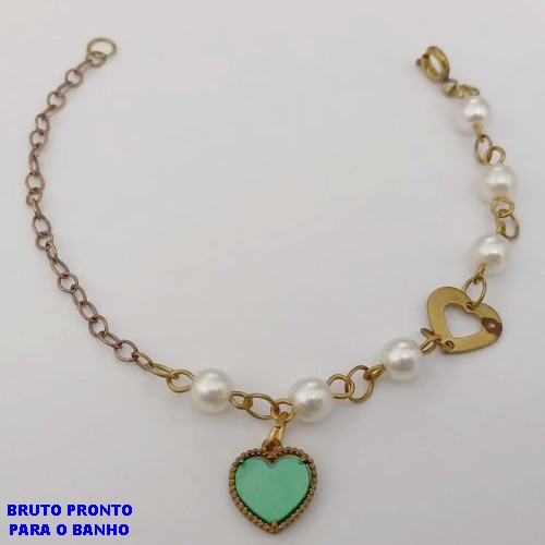 PULSEIRA NO BRUTO PRONTO PARA O BANHO(CX159)- COM PEROLA DE 4MM E CORAÇÃO DE 10MM / TAMANHO 18CM - PESO TOTAL 2,7GR - BRU24692
