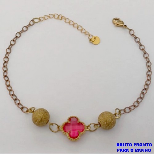 PULSEIRA NO BRUTO PRONTO PARA O BANHO(CX160)- COM BOLAS EM LATÃO DIAMANTADA E UM TREVO DE VIDRO/ TAMANHO 18CM - PESO TOTAL 2,4GR - BRU24711