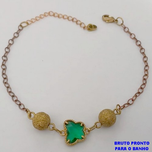 PULSEIRA NO BRUTO PRONTO PARA O BANHO(CX160)- COM BOLAS EM LATÃO DIAMANTADA E UMA BORBOLETA DE VIDRO/ TAMANHO 18CM+EXTENSOR - PESO TOTAL 2,4GR - BRU24713