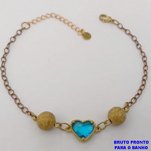 PULSEIRA NO BRUTO PRONTO PARA O BANHO(CX160)- COM BOLAS EM LATÃO DIAMANTADA E UM CORAÇÃO DE VIDRO/ TAMANHO 18CM+EXTENSOR - PESO TOTAL 2,4GR - BRU24714