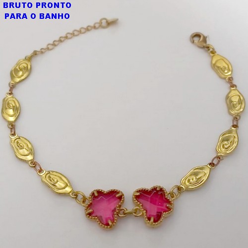 PULSEIRA NO BRUTO PRONTO PARA O BANHO(CX160)- TODA EM CHAPINHA DESENHADA COM DUAS BORBOLETAS DE VIDRO)/TAMANHO 18CM+EXTENSOR - PESO TOTAL 6.7GR - BRU24720