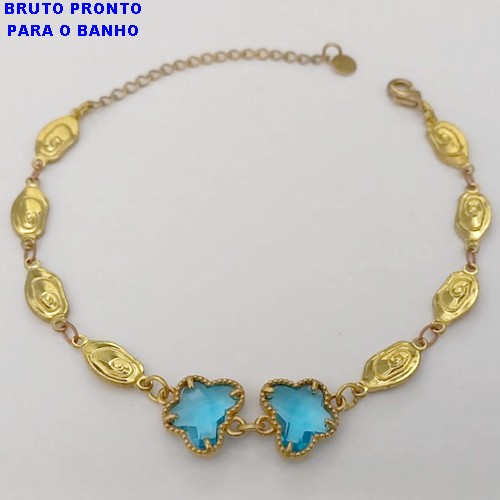 PULSEIRA NO BRUTO PRONTO PARA O BANHO(CX160)- TODA EM CHAPINHA DESENHADA COM DUAS BORBOLETAS DE VIDRO)/TAMANHO 18CM+EXTENSOR - PESO TOTAL 6.7GR - BRU24721