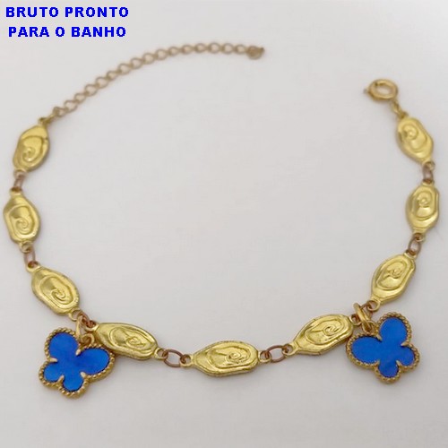 PULSEIRA NO BRUTO PRONTO PARA O BANHO(CX160)- TODA EM CHAPINHA DESENHADA COM DUAS BORBOLETAS DE VIDRO)/TAMANHO 18CM - PESO TOTAL 6.7GR - BRU24724