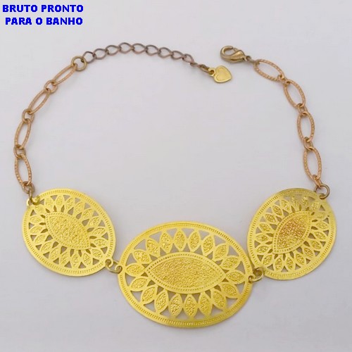 PULSEIRA NO BRUTO PRONTO PARA O BANHO(CX161)- PULSEIRA TIPO BRACELETE COM TREIS CHAPA E CORRENTE 1X1 COM FECHO LAGOSTA 18CM+EXTENSOR)- PESO TOTAL 4.6GR - BRU24735
