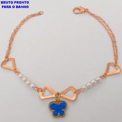 PULSEIRA NO BRUTO PRONTO PARA O BANHO(CX161)- PULSEIRA SIMPLES E DELICADA COM PEROLAS DE 2MM E UMA BORBOLETA/ 18CM / COM CORRENTE DUPLA)- PESO TOTAL 2.2GR - BRU24738