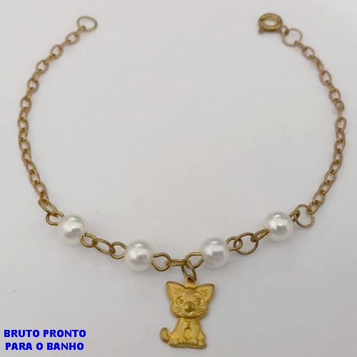 PULSEIRA NO BRUTO PRONTO PARA O BANHO(CX161)- PULSEIRA COM PEROLA DE 2MM E UM PINGENTE DE GATINHO 8MM / TAMANHO 18CM/ - PESO TOTAL 2,2GR - BRU24749