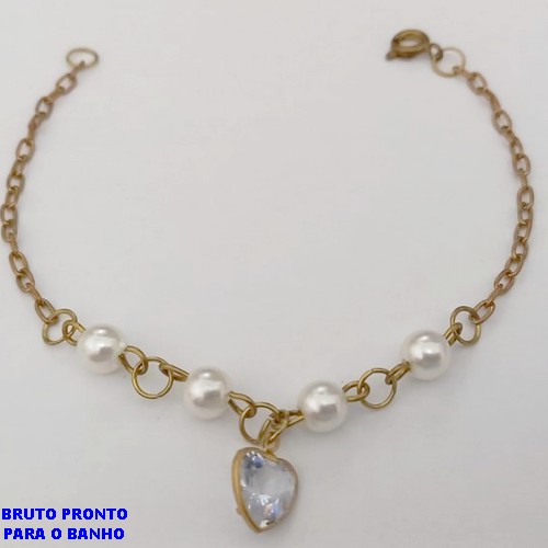 PULSEIRA NO BRUTO PRONTO PARA O BANHO(CX161)- PULSEIRA COM PEROLA DE 2MM E UM PINGENTE DE CORAÇÃO EM ZIRCONIA 8MM / TAMANHO 18CM/ - PESO TOTAL 2,3GR - BRU24750