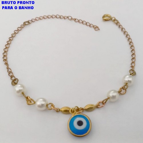 PULSEIRA NO BRUTO PRONTO PARA O BANHO(CX161)- PULSEIRA COM PEROLA DE 2MM E UM PINGENTE DE DE OLHO GREGO 10MM / TAMANHO 18CM+EXTENSOR / - PESO TOTAL 2,3GR - BRU24755