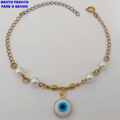 PULSEIRA NO BRUTO PRONTO PARA O BANHO(CX161)- PULSEIRA COM PEROLA DE 2MM E UM PINGENTE DE DE OLHO GREGO 10MM / TAMANHO 18CM+EXTENSOR / - PESO TOTAL 2,3GR - BRU24756