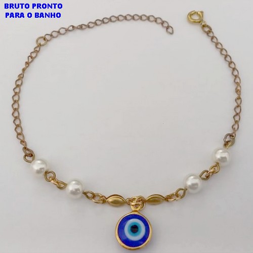 PULSEIRA NO BRUTO PRONTO PARA O BANHO(CX161)- PULSEIRA COM PEROLA DE 2MM E UM PINGENTE DE DE OLHO GREGO 10MM / TAMANHO 18CM+EXTENSOR / - PESO TOTAL 2,3GR - BRU24757