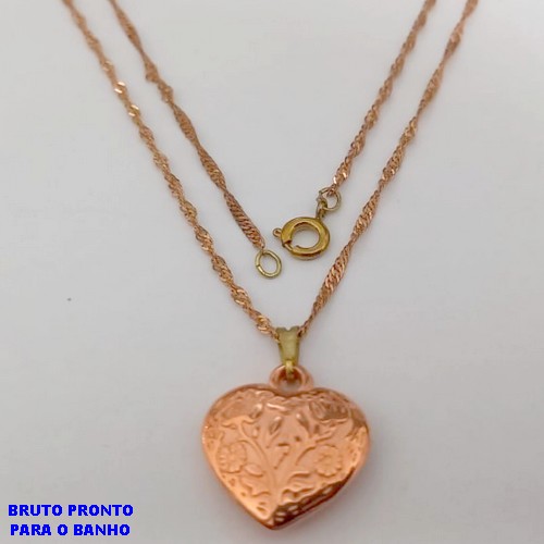 GARGANTILHA NO BRUTO PRONTO PARA O BANHO(CX161)- COM CORRENTE SINGAPURA E UM PINGENTE DE CORAÇÃO 1.8CM/ - PESO TOTAL 1.9GR - BRU24763