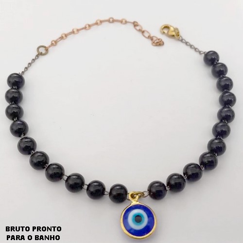 PULSEIRA NO BRUTO PRONTO PARA O BANHO(CX161)- PULSEIRA SIMPLES E DELICADA COM PEROLA NEGRA 4MM E PLHO GREGO DE 10MM / TAMANHO 18CM+EXTENSOR / - PESO TOTAL 3.5GR - BRU24775