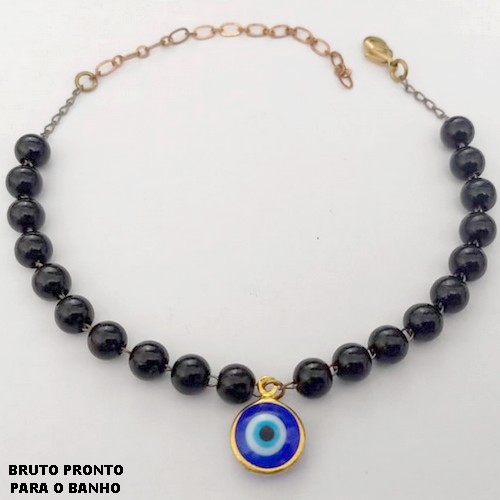 PULSEIRA NO BRUTO PRONTO PARA O BANHO(CX161)- PULSEIRA SIMPLES E DELICADA COM PEROLA NEGRA 4MM E PLHO GREGO DE 10MM / TAMANHO 18CM+EXTENSOR / - PESO TOTAL 3.5GR - BRU24777