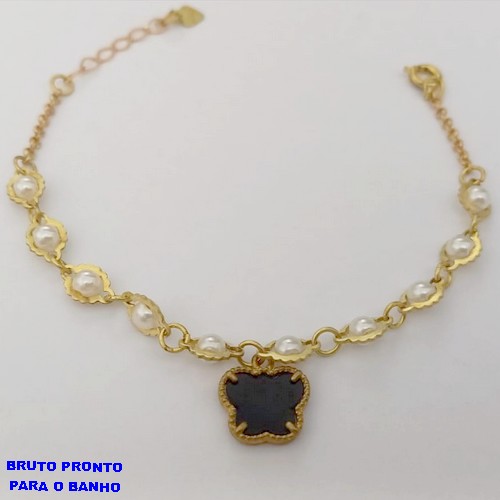 PULSEIRA NO BRUTO PRONTO PARA O BANHO(CX162)- PULSEIRA SIMPLES E DELICADA COM PEROLAS E PINGENTE DE PEROLA e uma borboleta negra / - PESO TOTAL 2,6GR - BRU24784
