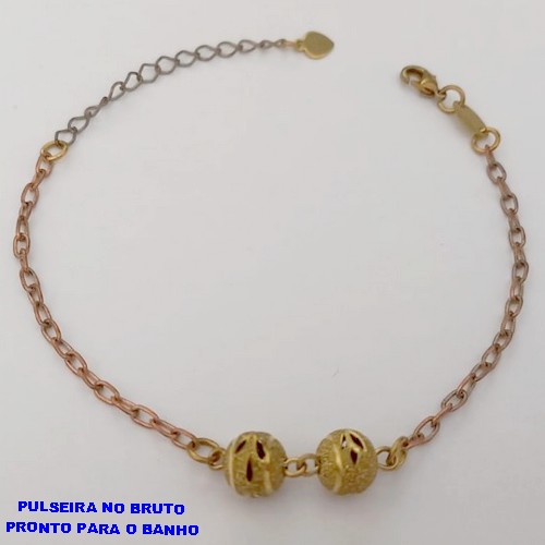 PULSEIRA NO BRUTO PRONTO PARA O BANHO(CX164)- PULSEIRA COM BOLAS DE LATÃO DIAMANDADO DE 8MM VASADA(TAMANHO 18CM+EXTENSOR (PESO 2,5GR ) BRU24835