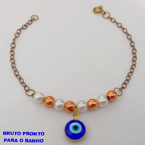 PULSEIRA NO BRUTO PRONTO PARA O BANHO (CX165)- PULSEIRA SIMPLES E DELICADA COM PEROLAS E OLHO GREGO (PESO 2.4GR ) BRU24881