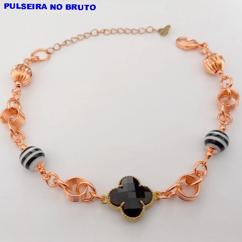 PULSEIRA NO BRUNTO PRONTO PARA O BANHO(CX165) -PULSEIRA 100% LATÃO DUAS BOLA DE 6MM DE PORCELANA E UM TREVO DE VIDRO) PESO 7.8GR -TAMANHO 18CM + EXTENSOR- BRU24900