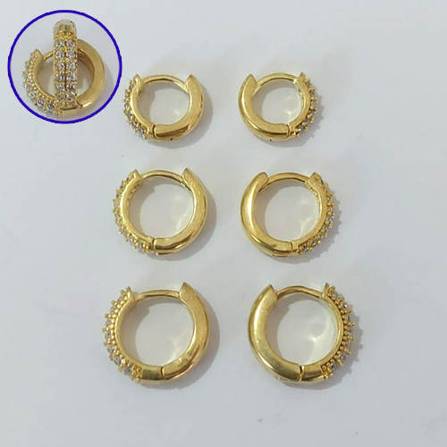 BRINCO NO BRUTO PRONTO PARA O BANHO LATÃO(CX165) - TRIO DE BRINCO REDONDO 2 FILEIRAS DE MICRO ZIRCÔNIAS - TAMANHOS - 13/12/10MM - PESO TOTAL 5,5GR - BRU30001