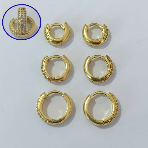 BRINCO NO BRUTO PRONTO PARA O BANHO LATÃO - TRIO DE BRINCO REDONDO 3 FILEIRAS DE MICRO ZIRCÔNIAS - TAMANHOS - 13/12/10MM - PESO TOTAL 6,5R - BRU30002