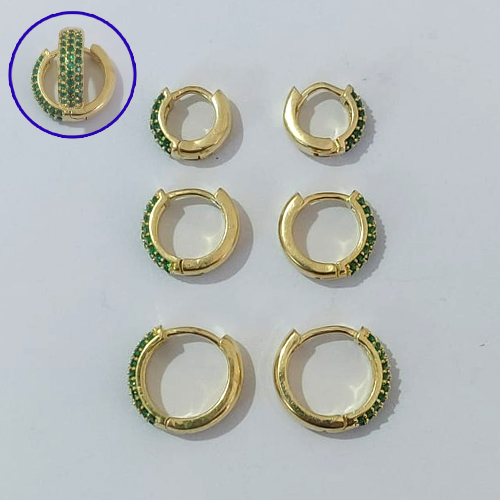 BRINCO NO BRUTO PRONTO PARA O BANHO LATÃO - TRIO DE BRINCOS REDONDOS 3 FILEIRAS MICRO ZIRCÔNIAS VERDES - TAMANHOS - 14/12/10MM - PESO TOTAL 5,5GR - BRU30007