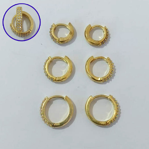 BRINCO NO BRUTO PRONTO PARA O BANHO LATÃO - TRIO DE BRINCO REDONDO 2 FILEIRAS MICRO ZIRCÔNIAS PRETAS- TAMANHOS - 14/12/10MM - PESO TOTAL 5,0GR - BRU30012