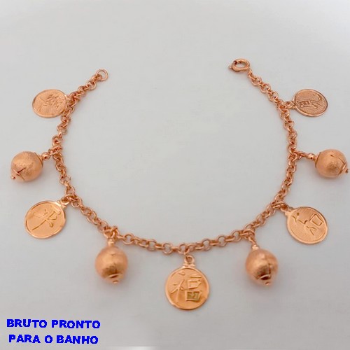 PULSEIRA NO BRUNTO PRONTO PARA O BANHO(CX165) -PULSEIRA LATÃO COM BOLAS DE 6MM E FRASE DE FERLICIDADE EM JAPONES ) PESO 9,5GR -TAMANHO 18CM - BRU24906
