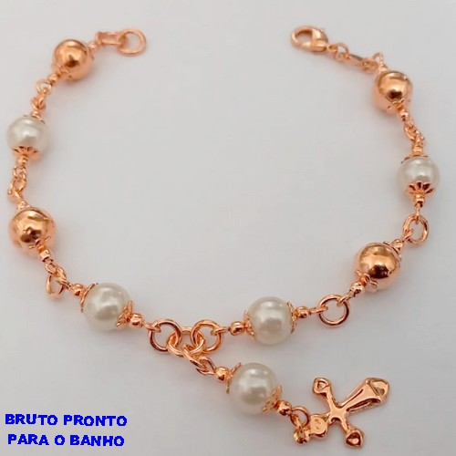 PULSEIRA NO BRUNTO PRONTO PARA O BANHO(CX165) -PULSEIRA LATÃO COM BOLAS EM LATÃO E PEROLAS DE 8MM ) PESO 8.9GR -TAMANHO 18CM - BRU24907