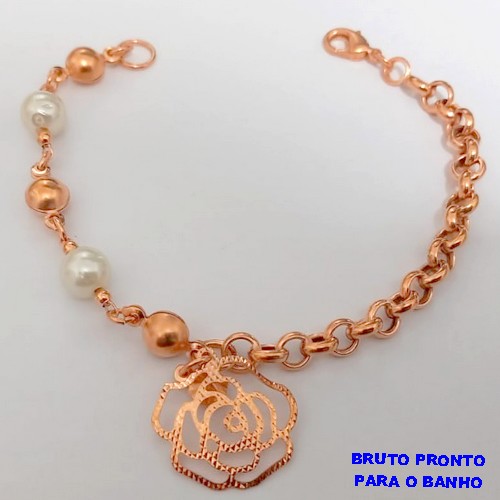 PULSEIRA NO BRUNTO PRONTO PARA O BANHO(CX165) -PULSEIRA LATÃO CORRENTE CADEADO E PEROLAS DE 8MM ) PESO 6.3GR -TAMANHO 18CM - BRU24910