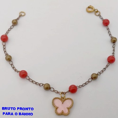 PULSEIRA NO BRUTO PRONTO PARA O BANHO(CX167)TODA EM CONTAS DE LATÃO E BOLINHAS DE RESINA COM MUMA BORBOLETA (TAMANHO 18CM) PESO 1,8GR - BRU24921