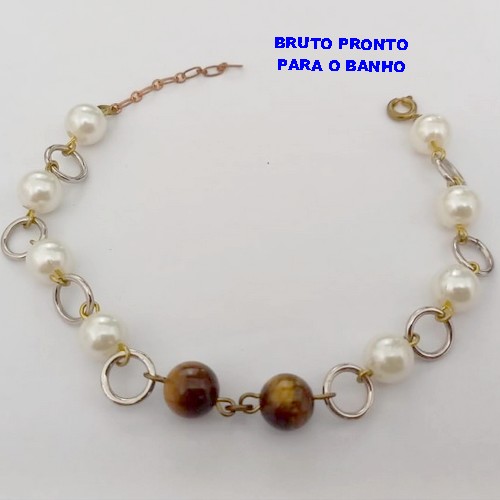 PULSEIRA NO BRUTO PRONTO PARA O BANHO(CX167)PULSEIRA TODA EM PEROLAS E DUAS PEDRA NATURAL OLHO DE TIGRE) (TAMANHO 18CM)PESO 4.9GR - BRU24931