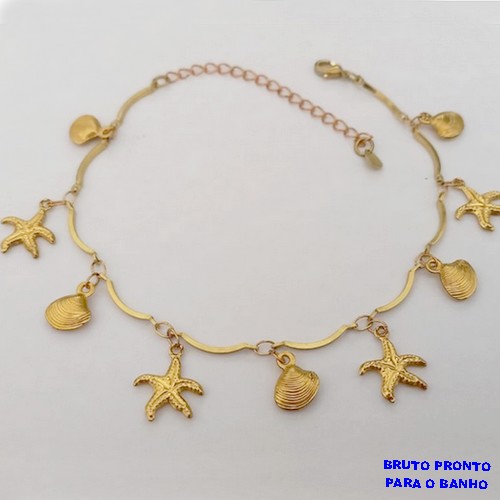 PULSEIRA NO BRUTO PRONTO PARA O BANHO(CX167)PULSEIRA COM CONCHAS E ESTRELA DO MAR ( (TAMANHO 18CM+EXTENSOR)PESO 3.9GR BRU24944