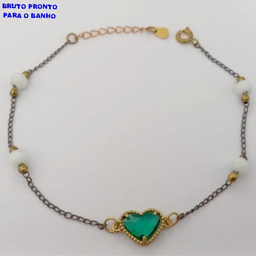 PULSEIRA NO BRUTO PRONTO PARA O BANHO(CX167 PULSEIRA SIMPLES COM CONTAS EM PORCELANA E CORAÇÃO DE VIDRO (TAMANHO 18CM)PESO 2.4GR - BRU24963