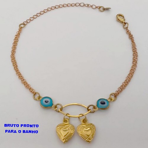 PULSEIRA NO BRUTO PRONTO PARA O BANHO(CX168) PULSEIRA COM OLHO GREGO E DOIS CORAÇÃO (TAMANHO 18CM+ EXTENSOR)PESO 2,3GR - BRU25001