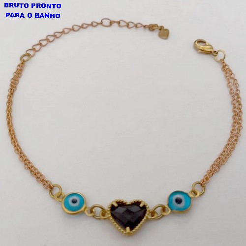 PULSEIRA NO BRUTO PRONTO PARA O BANHO(CX168) PULSEIRA COM OLHO GREGO E UM CORAÇÃO DE VIDRO (TAMANHO 18CM+ EXTENSOR)PESO 2,3GR - BRU25002